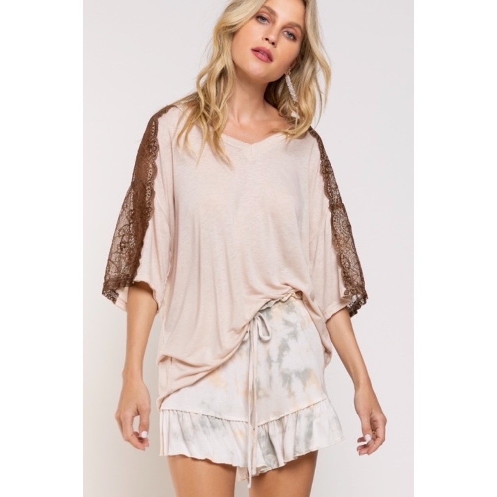 POL Beige Lace Detail Half Sleeve Oversized Tee - Picture 4 of 6